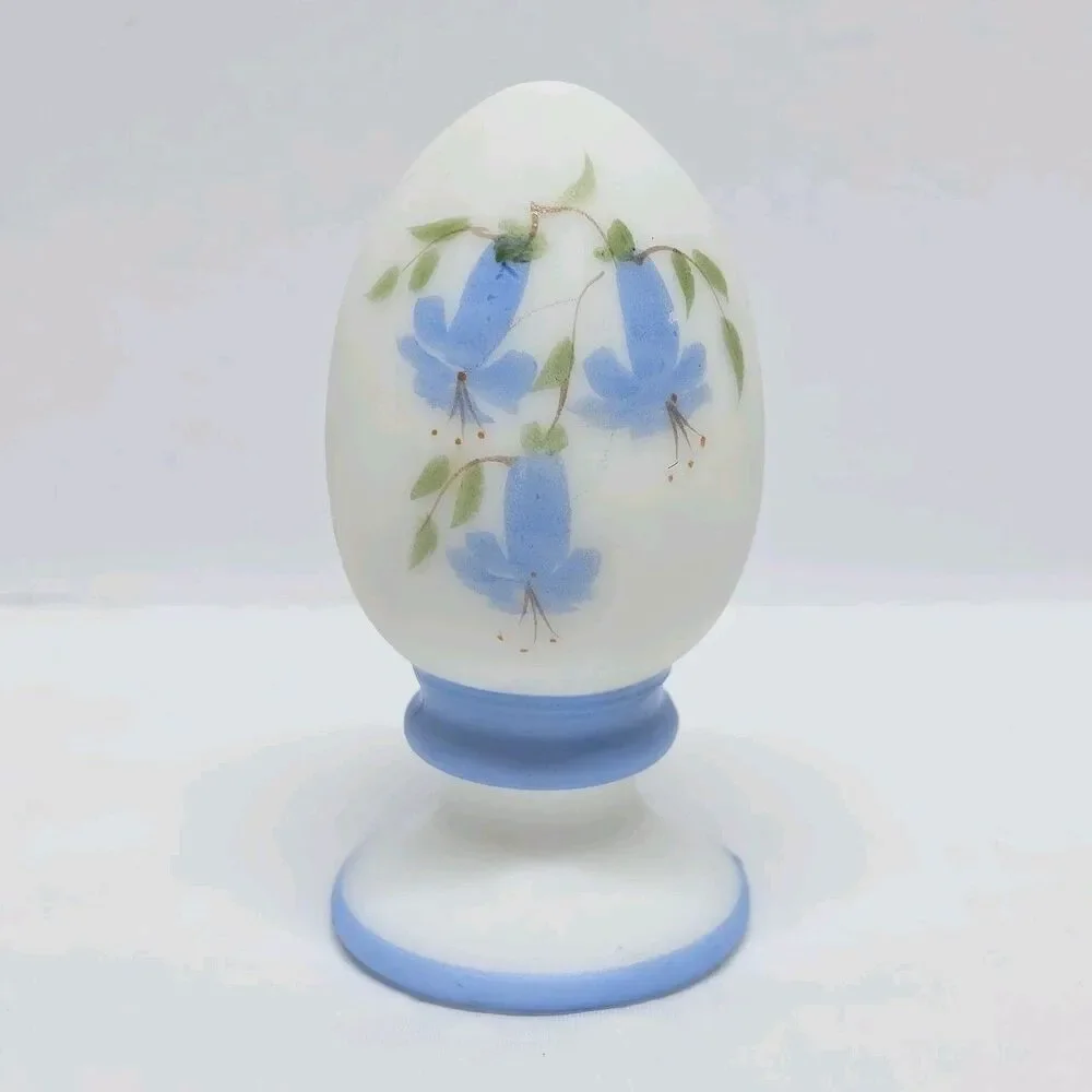 FENTON SATIN MILK GLASS HAND PAINTED BLUE BELLS EGG ON STAND SIGNED VINTAGE